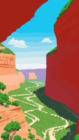 Canyon with river on the bottom, national park. Red sandstone mountains, horizon with sand rocks and sky, nature landscape background, Cartoon vector illustrationのイラスト素材