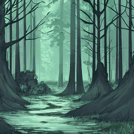 A big forest with a lot of green trees style vivid colorful hyperrealistic cgi photorealistic cinematic volume lighting fanart on artstation full sun shine day concept art, orange huesのイラスト素材