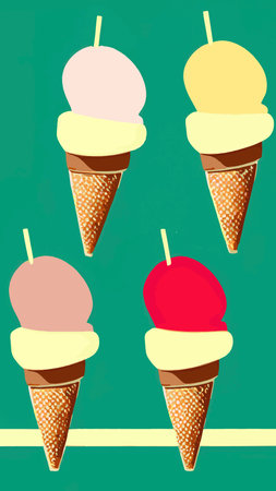 A set of delicious ice cream. Sweet summer treat sundaes, prefabricated insulated ice cream cones...