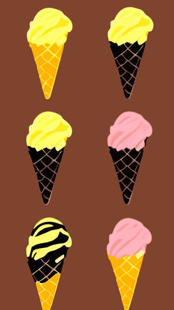 A set of delicious ice cream. Sweet summer treat sundaes, prefabricated insulated ice cream cones with different fillings. Vector illustration for web, design, printing.のイラスト素材