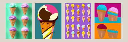 A set of delicious ice cream. Sweet summer treat sundaes, prefabricated insulated ice cream cones  with different fillings. Vector illustration for web, design, printing.のイラスト素材