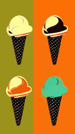 A set of delicious ice cream. Sweet summer treat sundaes, prefabricated insulated ice cream cones  with different fillings. Vector illustration for web, design, printing.のイラスト素材