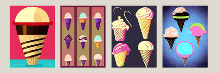 A set of delicious ice cream. Sweet summer treat sundaes, prefabricated insulated ice cream cones  with different fillings. Vector illustration for web, design, printing.の写真素材