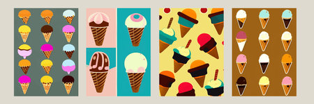A set of delicious ice cream. Sweet summer treat sundaes, prefabricated insulated ice cream cones  with different fillings. Vector illustration for web, design, printing.のイラスト素材