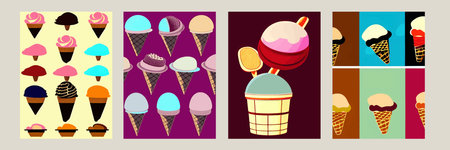 A set of delicious ice cream. Sweet summer treat sundaes, prefabricated insulated ice cream cones  with different fillings. Vector illustration for web, design, printing.のイラスト素材