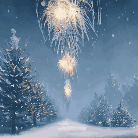 A house and an elegant spruce in the snow-capped mountains and forests, decorated with garlands on New Year's Eve. Vector illustration, perfect for postcards and New Year's greetings.の写真素材