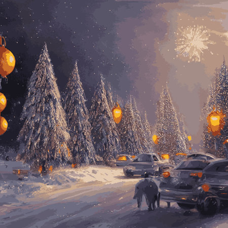 A house and an elegant spruce in the snow-capped mountains and forests, decorated with garlands on New Year's Eve. Vector illustration, perfect for postcards and New Year's greetings.の写真素材