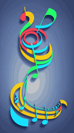 Musical notes on a multicolored background.3d. Vector image, musical texture.Treble clef and bass clef.のイラスト素材