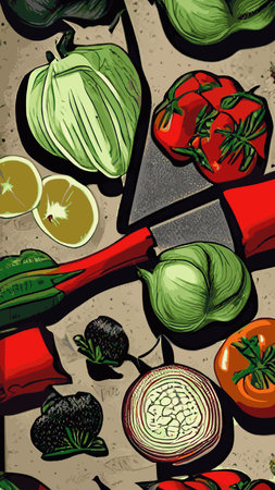 Vector illustration with fresh organic vegetables and fruitmizdorovoe nutrition. A set of vegetarian sliced, full of vegetables and fruits.のイラスト素材