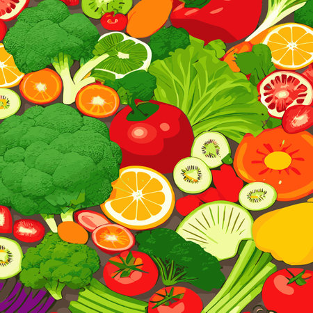 Vector illustration with fresh organic vegetables and fruitmizdorovoe nutrition. A set of vegetarian sliced, full of vegetables and fruits.のイラスト素材