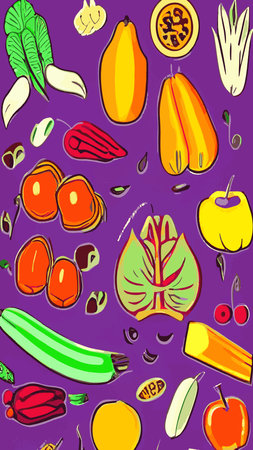 Vector illustration with fresh organic vegetables and fruitmizdorovoe nutrition. A set of vegetarian sliced, full of vegetables and fruits.のイラスト素材