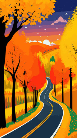 Mountain autumn landscape vector illustration. Cartoon scenery poster, orange valley in hills, road, golden leaves trees. Outdoor modern concept, village countryside sceneのイラスト素材