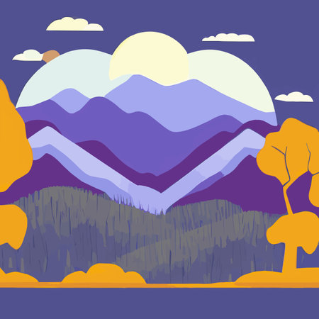 Mountain autumn landscape vector illustration. Cartoon scenery poster, orange valley in hills, road, golden leaves trees. Outdoor modern concept, village countryside sceneのイラスト素材