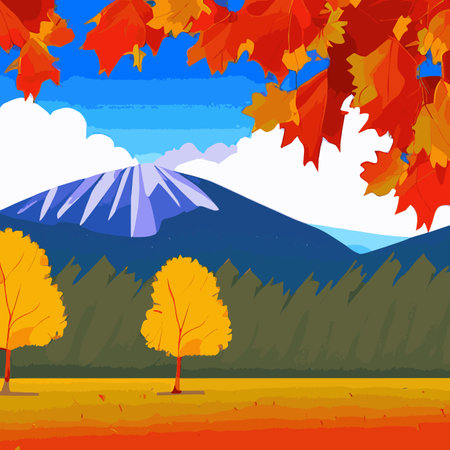 Mountain autumn landscape vector illustration. Cartoon scenery poster, orange valley in hills, road, golden leaves trees. Outdoor modern concept, village countryside sceneのイラスト素材