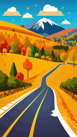 Mountain autumn landscape vector illustration. Cartoon scenery poster, orange valley in hills, road, golden leaves trees. Outdoor modern concept, village countryside sceneのイラスト素材