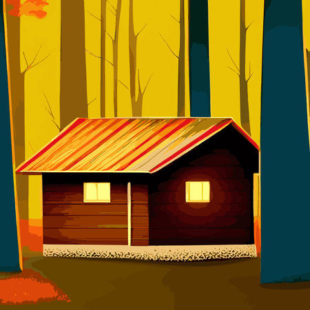 Autumn forest with wooden house on glade. Vector cartoon illustration of deep woods landscape with forester hut, grass and orange trees. Fall scene with cottageのイラスト素材