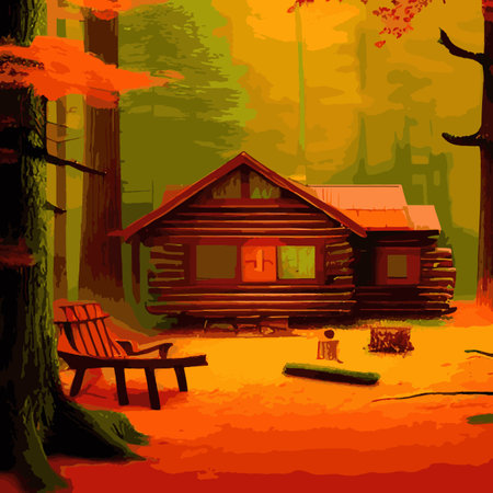 Autumn forest with wooden house on glade. Vector cartoon illustration of deep woods landscape with forester hut, grass and orange trees. Fall scene with cottageのイラスト素材