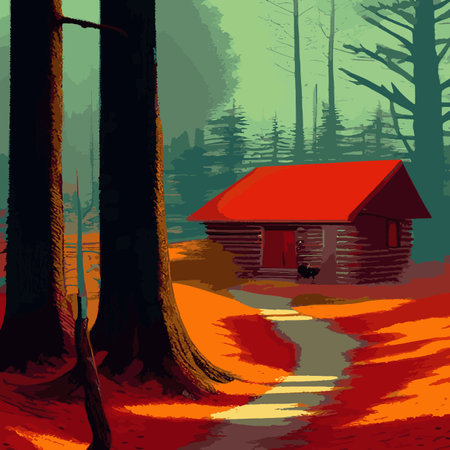 Autumn forest with wooden house on glade. Vector cartoon illustration of deep woods landscape with forester hut, grass and orange trees. Fall scene with cottageのイラスト素材