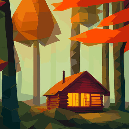 Autumn forest with wooden house on glade. Vector cartoon illustration of deep woods landscape with forester hut, grass and orange trees. Fall scene with cottageのイラスト素材