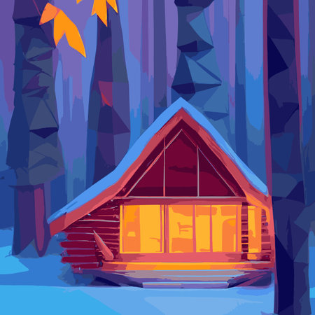 Autumn forest with wooden house on glade. Vector cartoon illustration of deep woods landscape with forester hut, grass and orange trees. Fall scene with cottageのイラスト素材