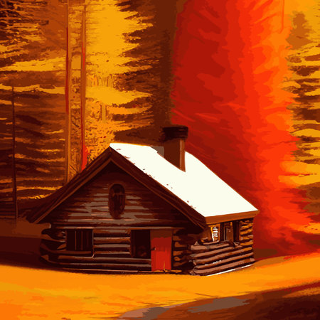 Autumn forest with wooden house on glade. Vector cartoon illustration of deep woods landscape with forester hut, grass and orange trees. Fall scene with cottageのイラスト素材