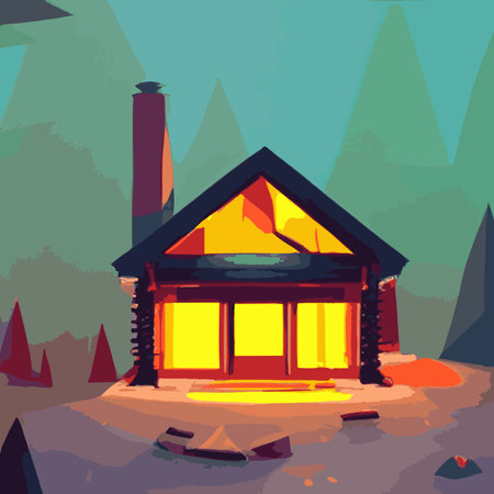 Autumn forest with wooden house on glade. Vector cartoon illustration of deep woods landscape with forester hut, grass and orange trees. Fall scene with cottageのイラスト素材