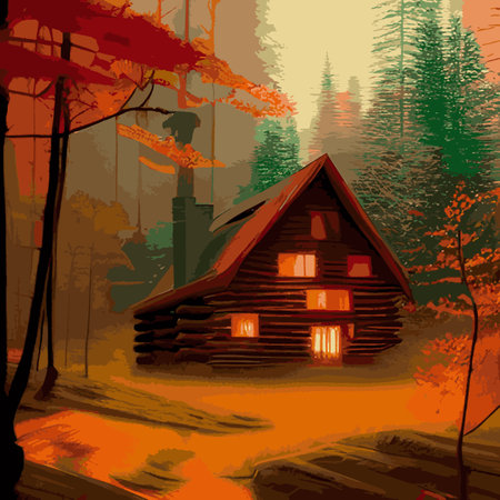Autumn forest with wooden house on glade. Vector cartoon illustration of deep woods landscape with forester hut, grass and orange trees. Fall scene with cottageのイラスト素材