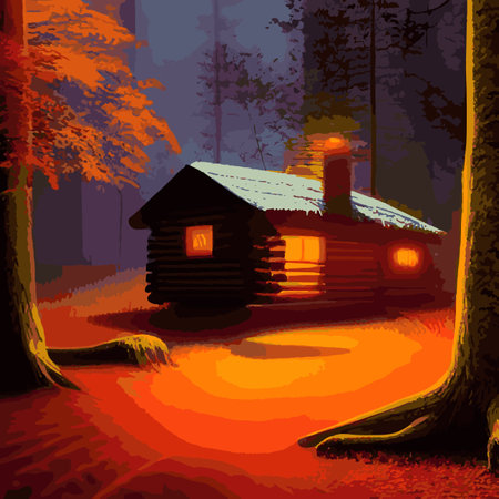 Autumn forest with wooden house on glade. Vector cartoon illustration of deep woods landscape with forester hut, grass and orange trees. Fall scene with cottageのイラスト素材