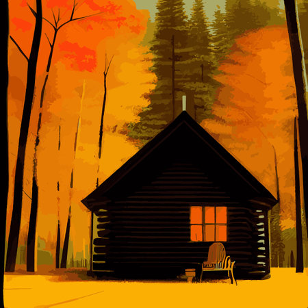 Autumn forest with wooden house on glade. Vector cartoon illustration of deep woods landscape with forester hut, grass and orange trees. Fall scene with cottageのイラスト素材