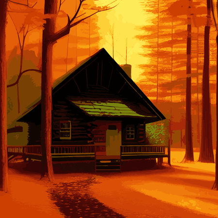 Autumn forest with wooden house on glade. Vector cartoon illustration of deep woods landscape with forester hut, grass and orange trees. Fall scene with cottageのイラスト素材