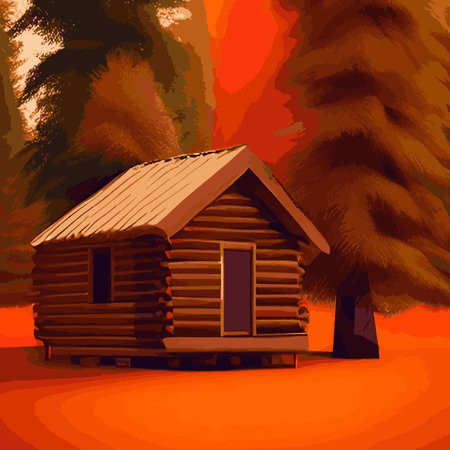 Autumn forest with wooden house on glade. Vector cartoon illustration of deep woods landscape with forester hut, grass and orange trees. Fall scene with cottageのイラスト素材