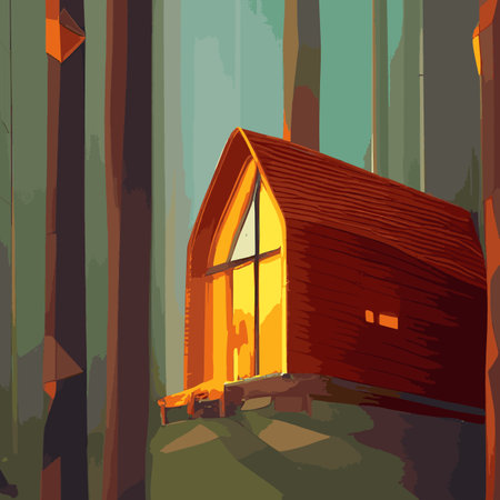Autumn forest with wooden house on glade. Vector cartoon illustration of deep woods landscape with forester hut, grass and orange trees. Fall scene with cottageのイラスト素材