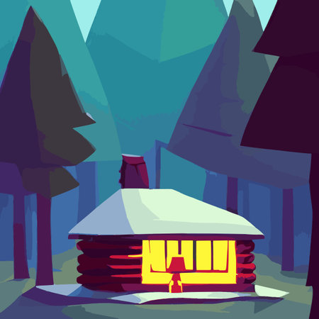 Autumn forest with wooden house on glade. Vector cartoon illustration of deep woods landscape with forester hut, grass and orange trees. Fall scene with cottageのイラスト素材