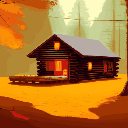 Autumn forest with wooden house on glade. Vector cartoon illustration of deep woods landscape with forester hut, grass and orange trees. Fall scene with cottageのイラスト素材