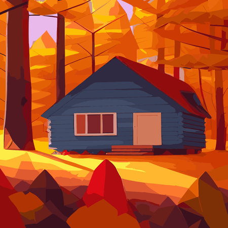 Autumn forest with wooden house on glade. Vector cartoon illustration of deep woods landscape with forester hut, grass and orange trees. Fall scene with cottageのイラスト素材