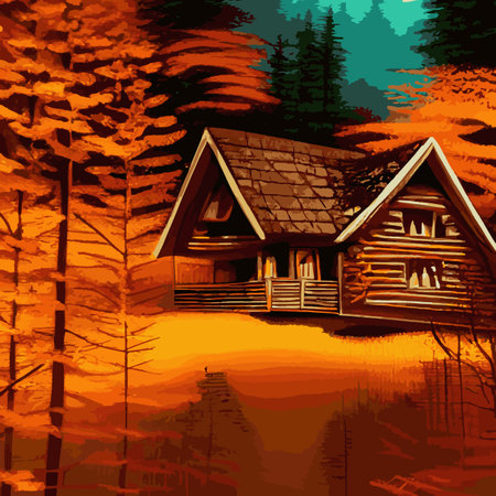 Autumn forest with wooden house on glade. Vector cartoon illustration of deep woods landscape with forester hut, grass and orange trees. Fall scene with cottageのイラスト素材