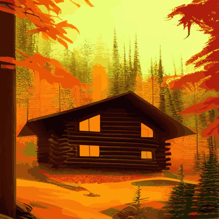 Autumn forest with wooden house on glade. Vector cartoon illustration of deep woods landscape with forester hut, grass and orange trees. Fall scene with cottageのイラスト素材