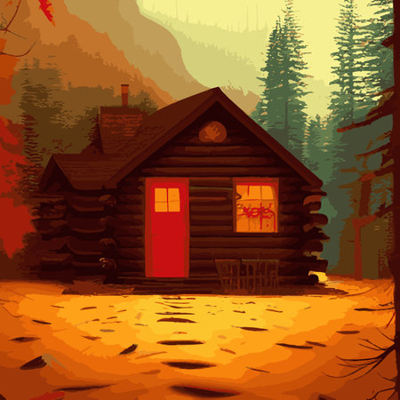 Autumn forest with wooden house on glade. Vector cartoon illustration of deep woods landscape with forester hut, grass and orange trees. Fall scene with cottageのイラスト素材