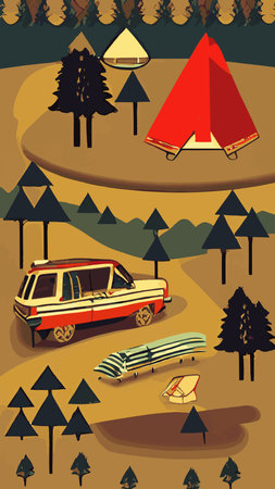 Family with kids and dog relaxing in camp in nature. People tourists resting outdoors with tent and campfire near water, river bank in forest. flat vector illustrationのイラスト素材