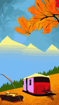 Family with kids and dog relaxing in camp in nature. People tourists resting outdoors with tent and campfire near water, river bank in forest. flat vector illustrationのイラスト素材