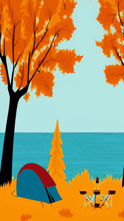 Family with kids and dog relaxing in camp in nature. People tourists resting outdoors with tent and campfire near water, river bank in forest. flat vector illustrationのイラスト素材