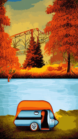 Family with kids and dog relaxing in camp in nature. People tourists resting outdoors with tent and campfire near water, river bank in forest. flat vector illustrationのイラスト素材