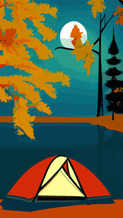 Family with kids and dog relaxing in camp in nature. People tourists resting outdoors with tent and campfire near water, river bank in forest. flat vector illustrationのイラスト素材