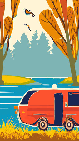 Family with kids and dog relaxing in camp in nature. People tourists resting outdoors with tent and campfire near water, river bank in forest. flat vector illustrationのイラスト素材