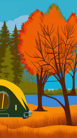 Family with kids and dog relaxing in camp in nature. People tourists resting outdoors with tent and campfire near water, river bank in forest. flat vector illustrationのイラスト素材