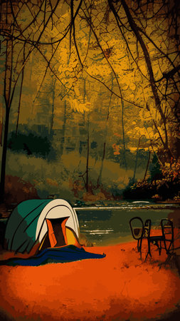 Family with kids and dog relaxing in camp in nature. People tourists resting outdoors with tent and campfire near water, river bank in forest. flat vector illustrationのイラスト素材