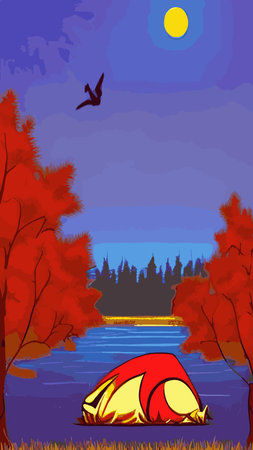 Family with kids and dog relaxing in camp in nature. People tourists resting outdoors with tent and campfire near water, river bank in forest. flat vector illustrationのイラスト素材