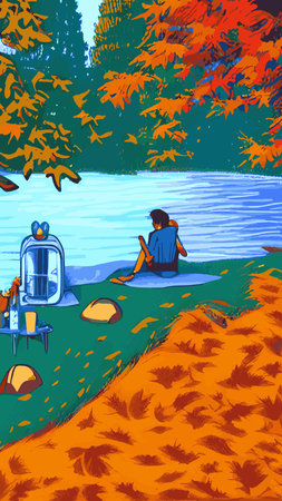 Family with kids and dog relaxing in camp in nature. People tourists resting outdoors with tent and campfire near water, river bank in forest. flat vector illustrationのイラスト素材