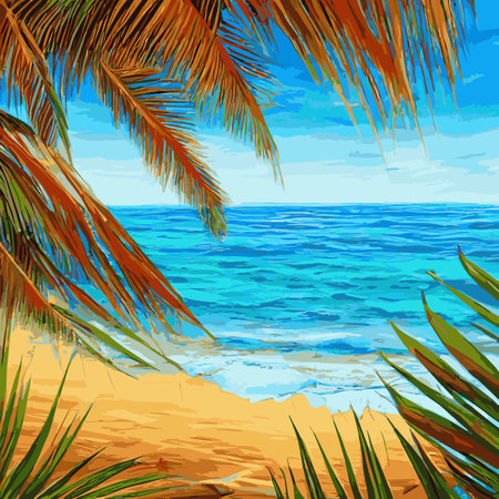 Palm tree on tropical beach with blue sky and white clouds abstract background.のイラスト素材