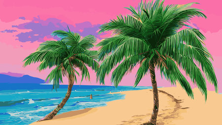 Palm tree on tropical beach with blue sky and white clouds abstract background.のイラスト素材